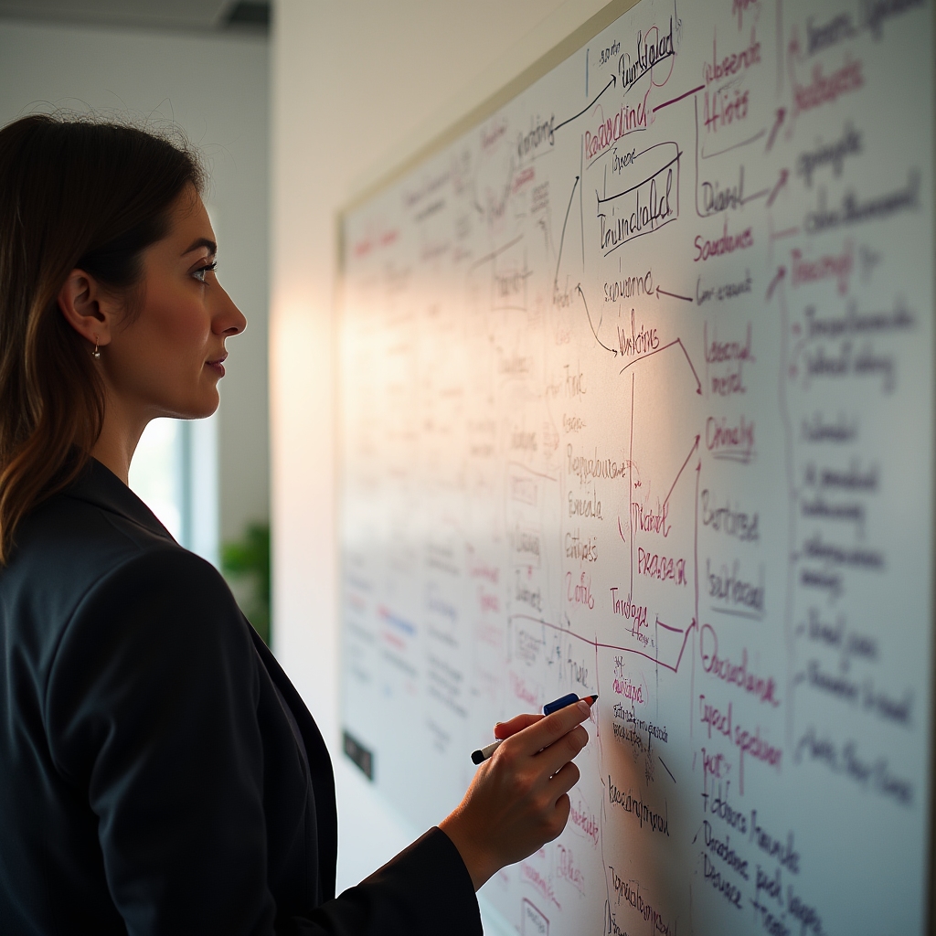 A whiteboard covered with handwritten notes and arrows mapping recurring feedback themes