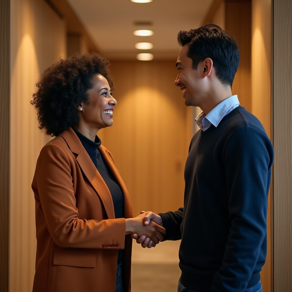 A director and a middle manager shaking hands warmly before a meeting, showing mutual respect