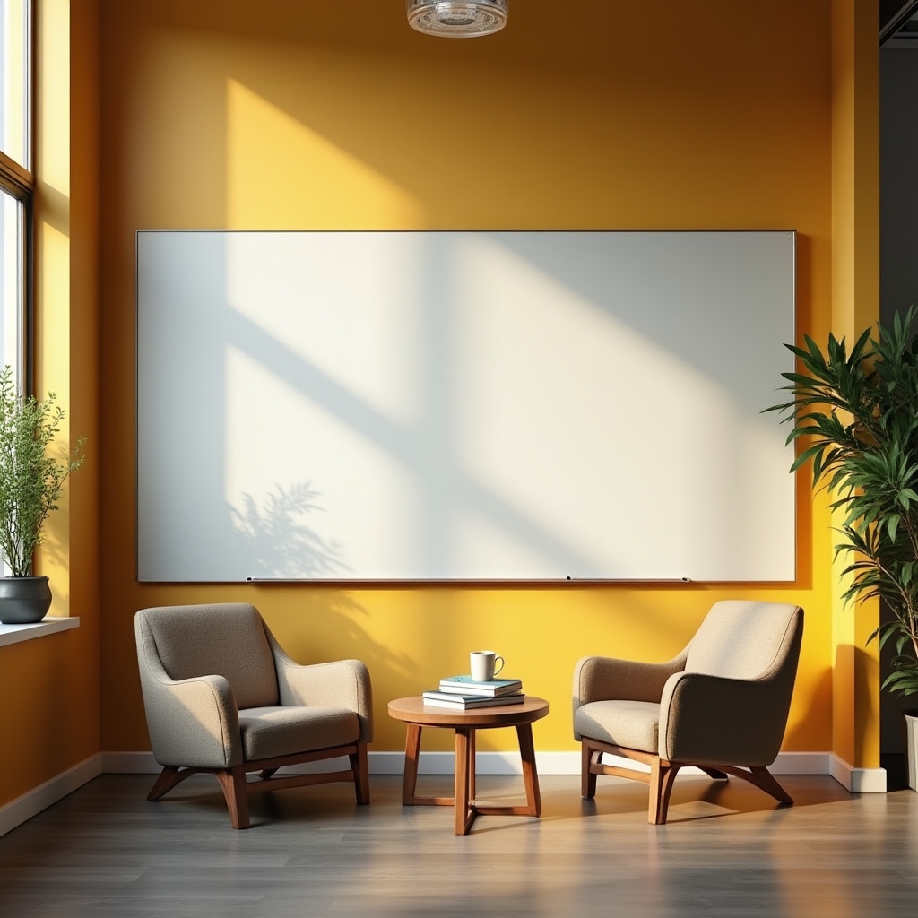 An open collaboration space with a whiteboard and comfortable seating for informal discussions