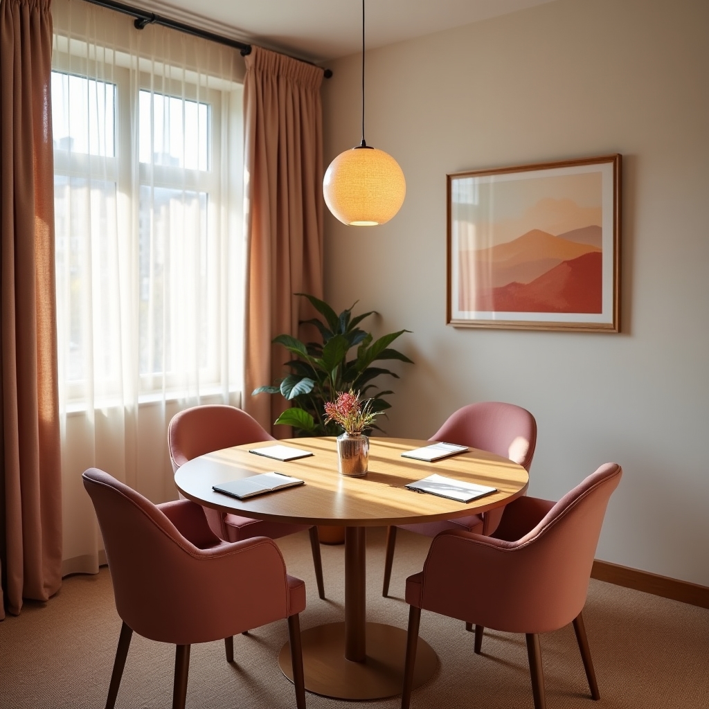 A small meeting room with a round table and warm lighting, set up for a focused conversation