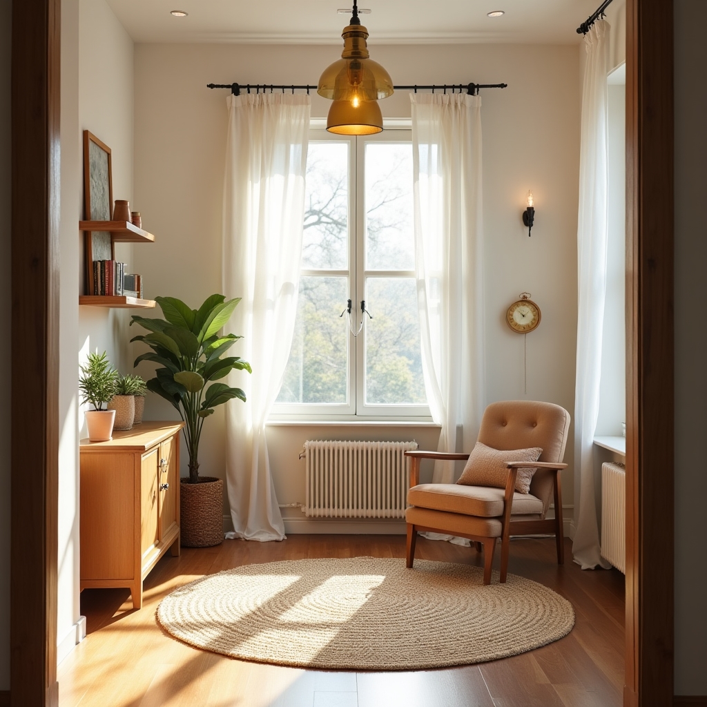 A calm office reception area with warm wood tones, a small plant, and soft natural light